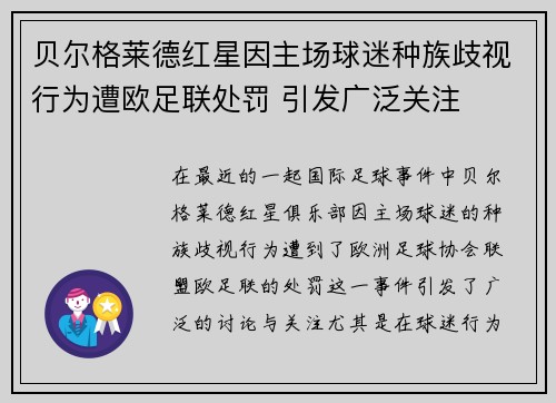 贝尔格莱德红星因主场球迷种族歧视行为遭欧足联处罚 引发广泛关注